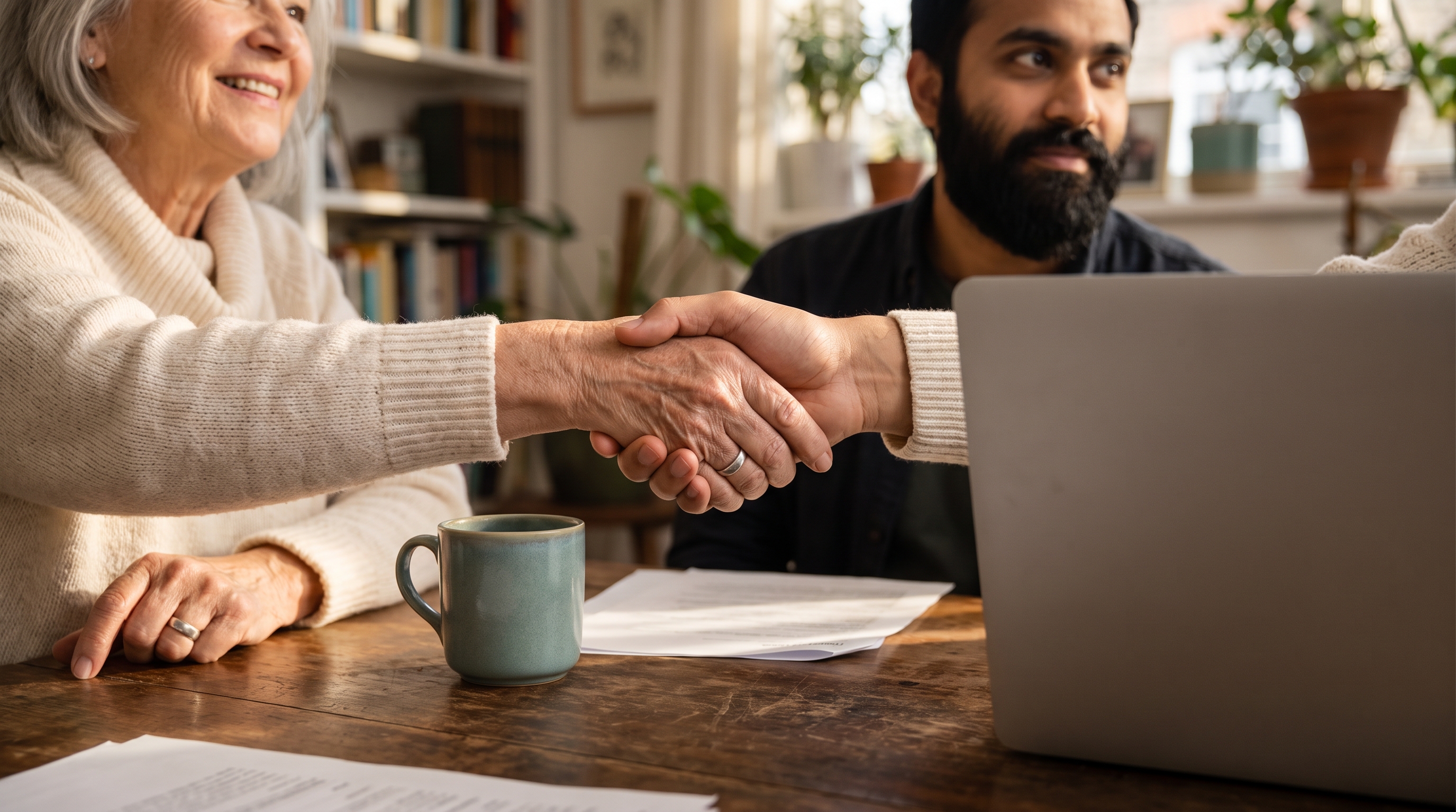 Two people shaking hands across a table in warm light, faces softly out of focus